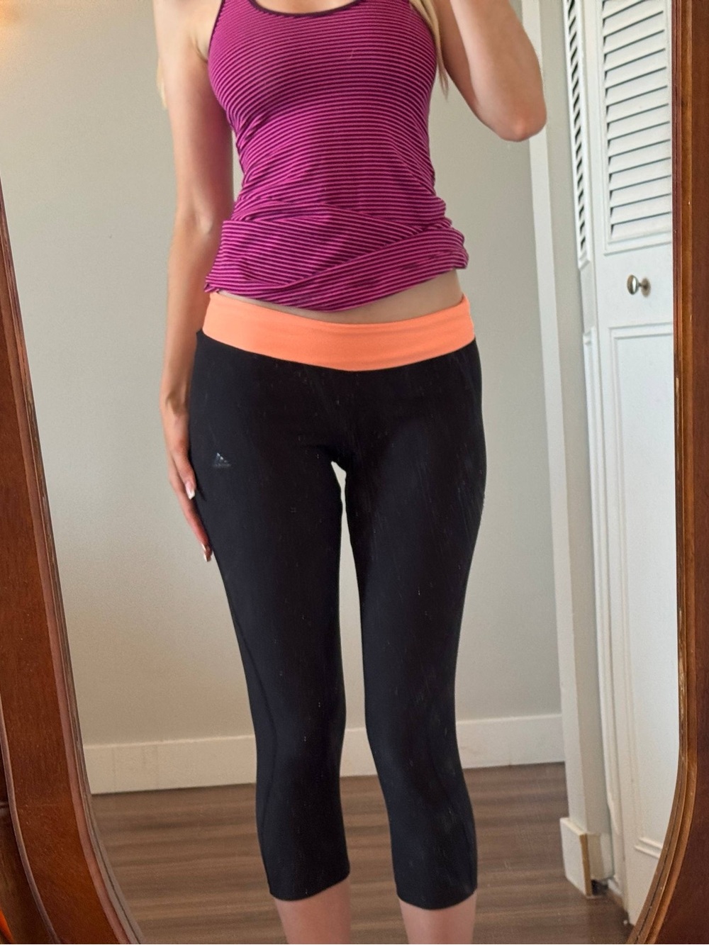 adidas Black Capri Leggings with Peach Waistband